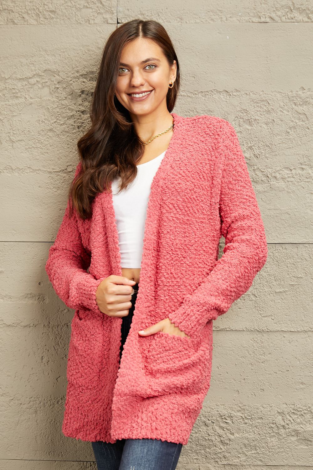 Zenana Falling For You Full Size Open Front Popcorn Cardigan - The Boutie Shop