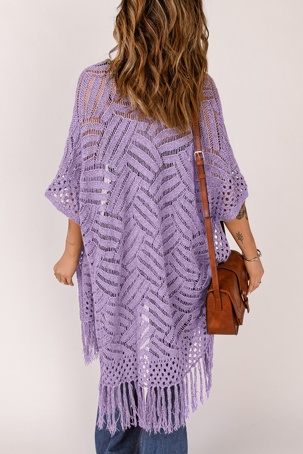 Openwork Open Front Cardigan with Fringes - The Boutie Shop