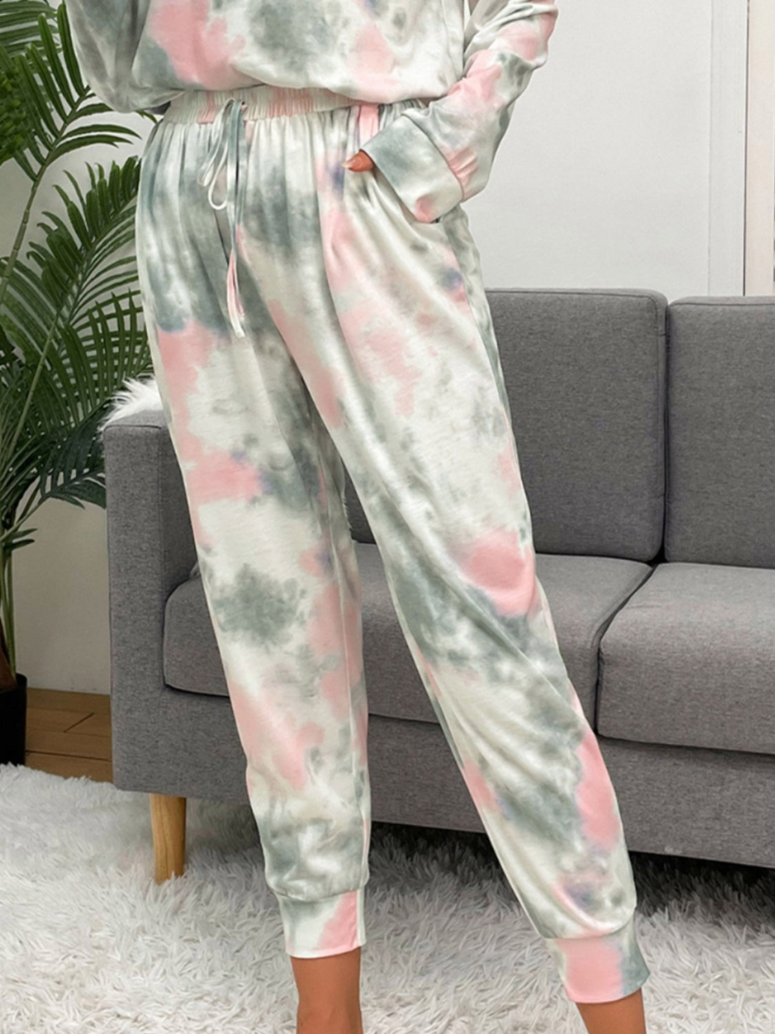 Shiny Tie-Dye Round Neck Top and Drawstring Pants Lounge Set - The Boutie Shop