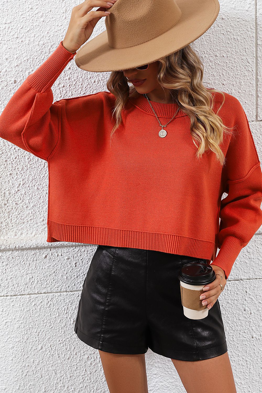 Round Neck Dropped Shoulder Pullover Sweater - The Boutie Shop