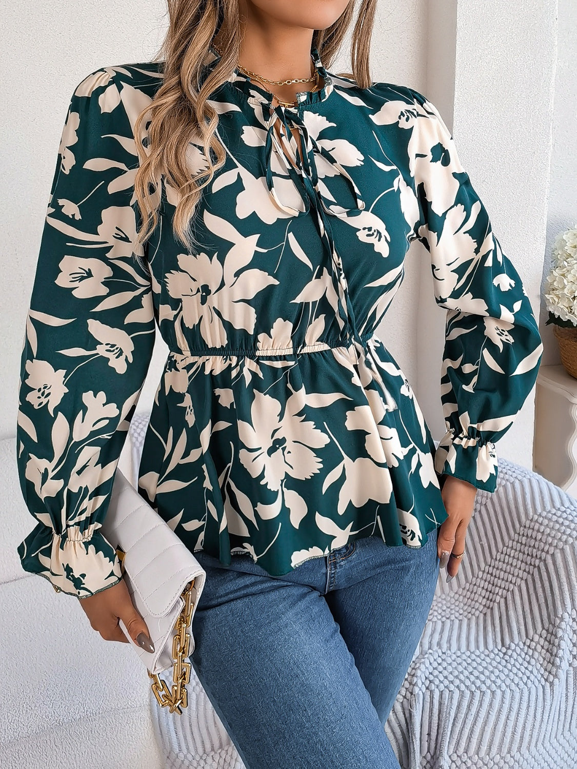 Printed Tie Neck Flounce Sleeve Blouse - The Boutie Shop