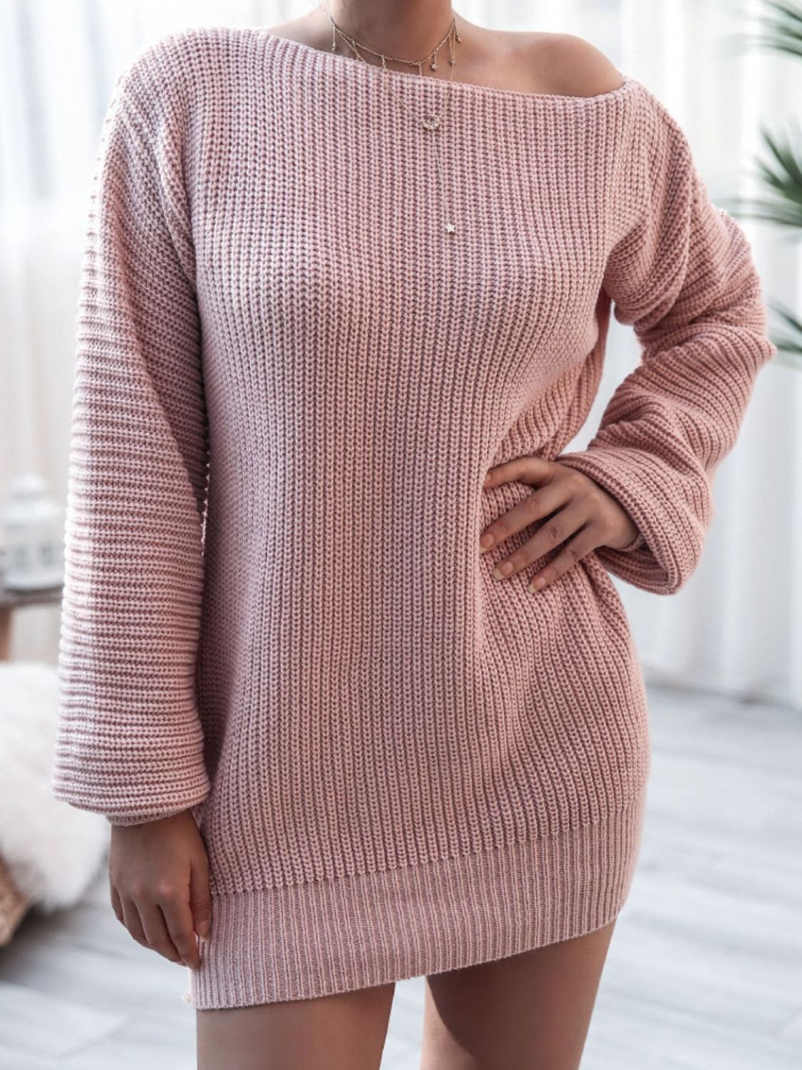 Balloon Sleeve Boat Neck Sweater Mini Dress - The Boutie Shop