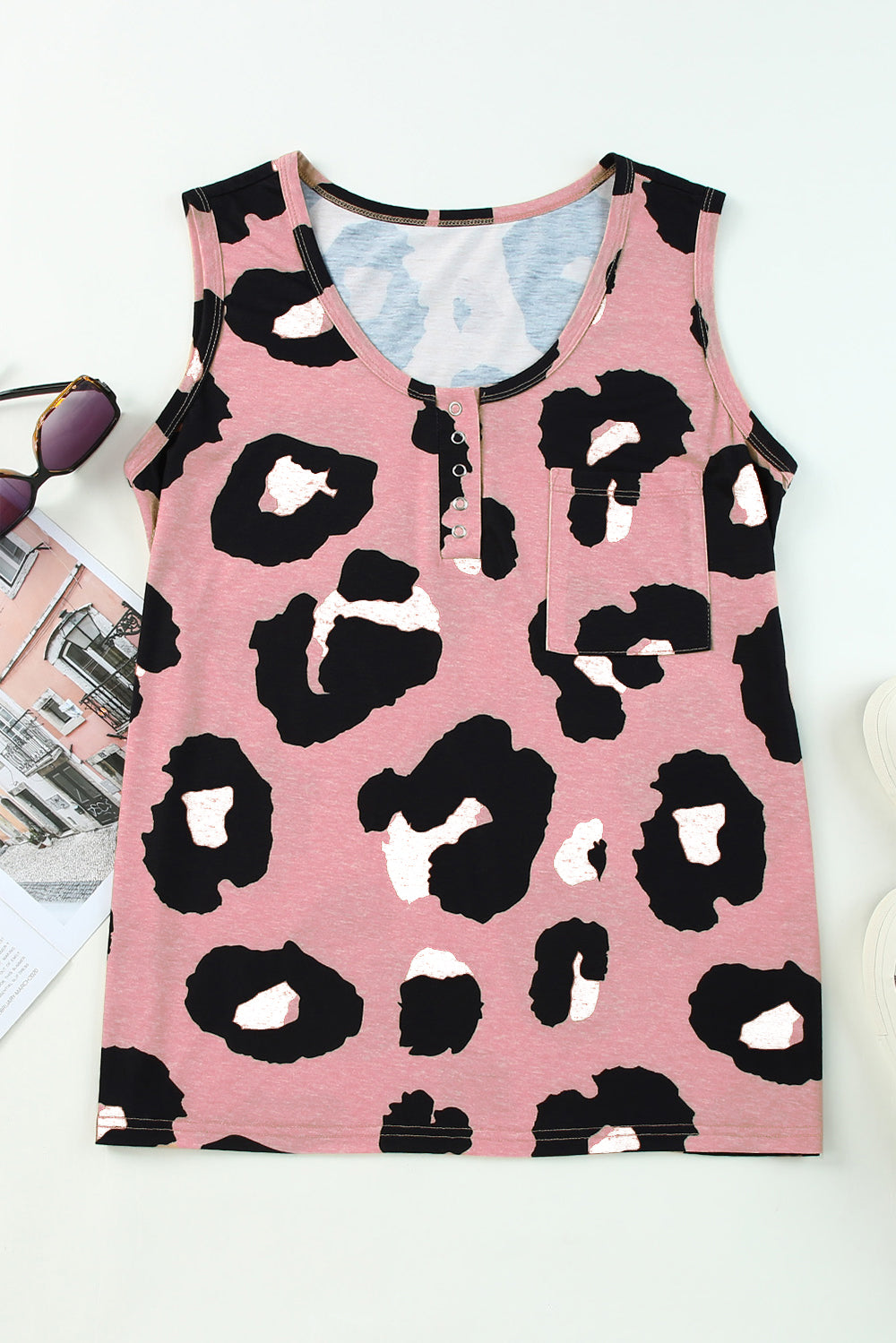 Pocketed Leopard Round Neck Tank - The Boutie Shop