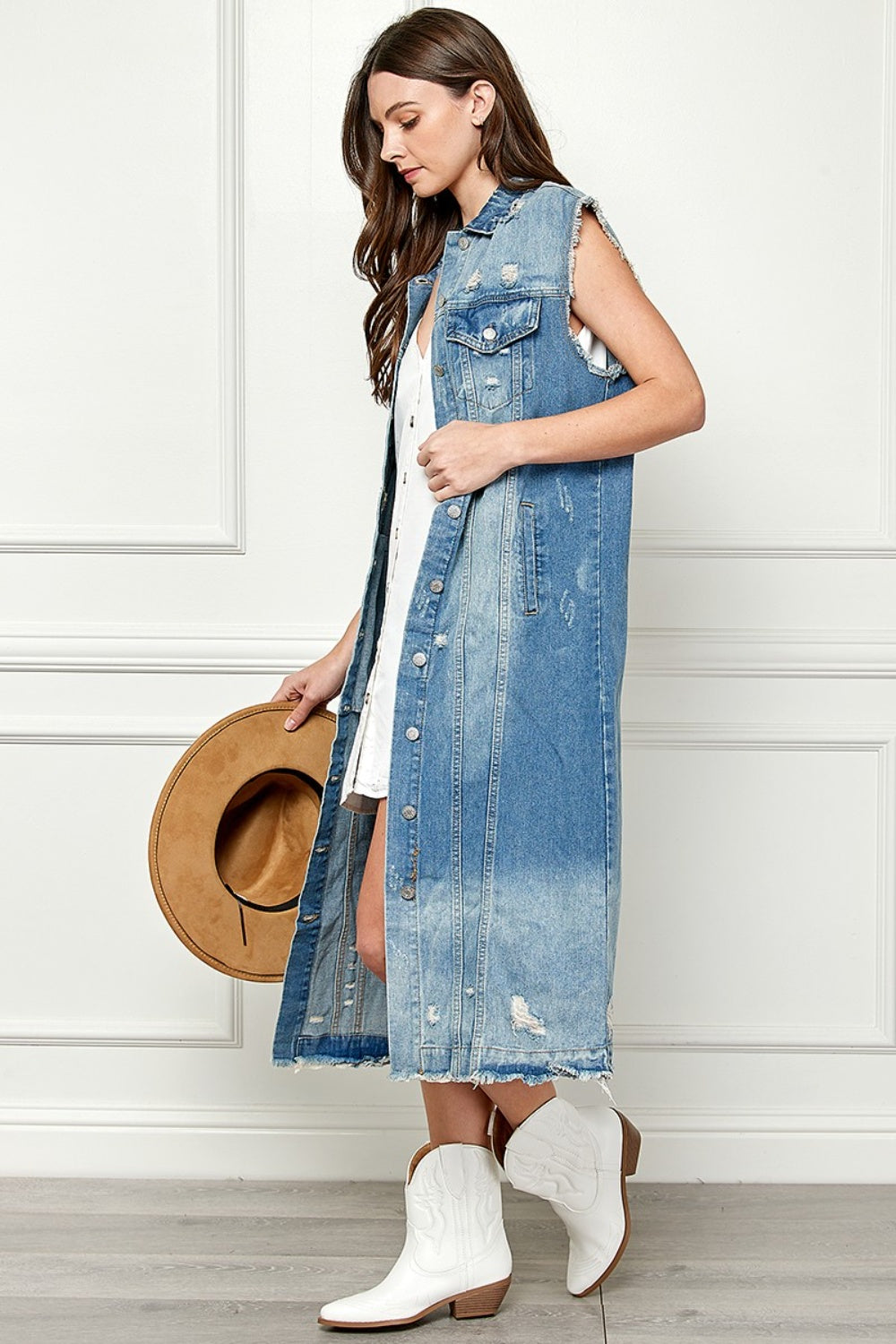 Veveret Full Size Distressed Sleeveless Longline Denim Jacket - The Boutie Shop