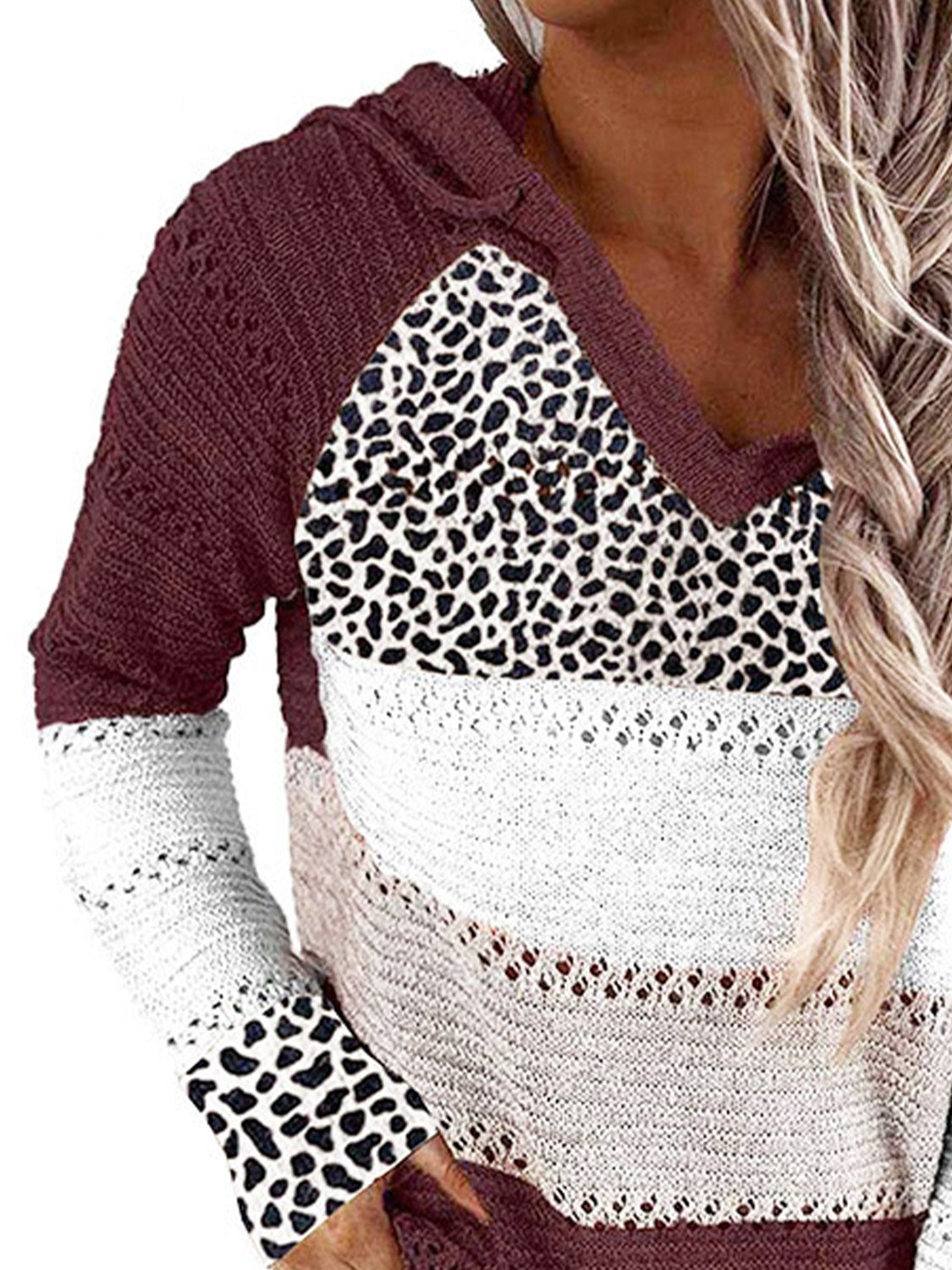 Full Size Openwork Leopard Drawstring Hooded Sweater - The Boutie Shop