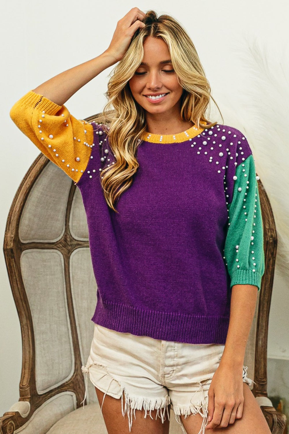 BiBi Color Block Pearl Detail Round Neck Sweater - The Boutie Shop