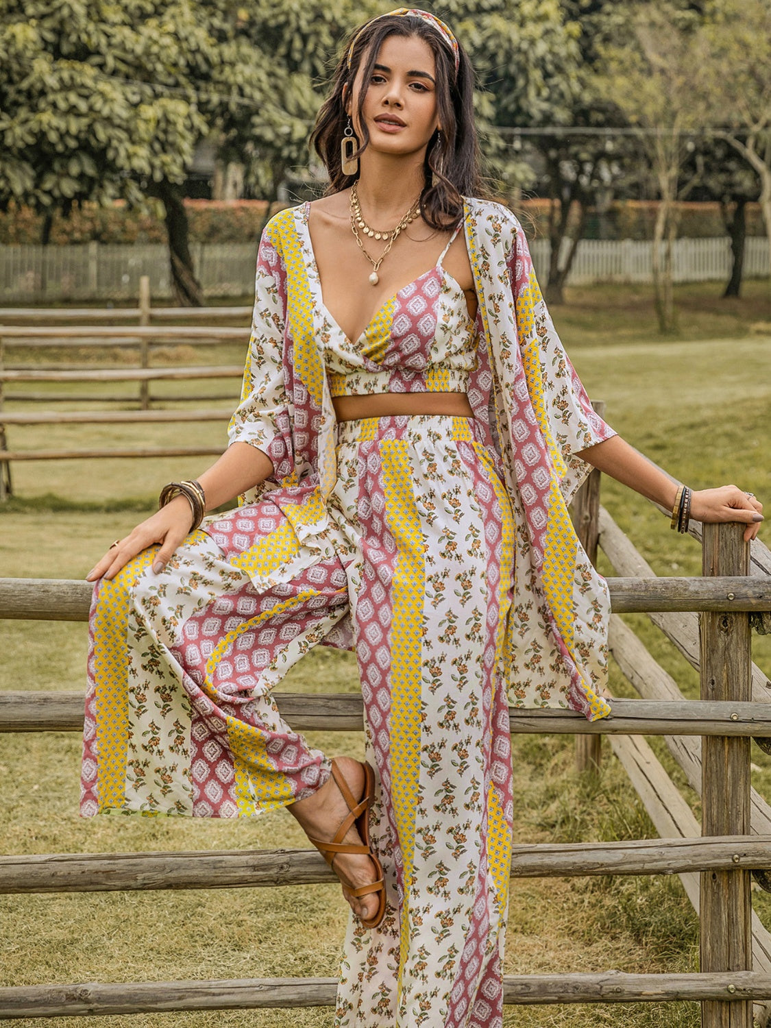 Printed Cami,Open Front Cover Up and Wide Leg Pants Set - The Boutie Shop