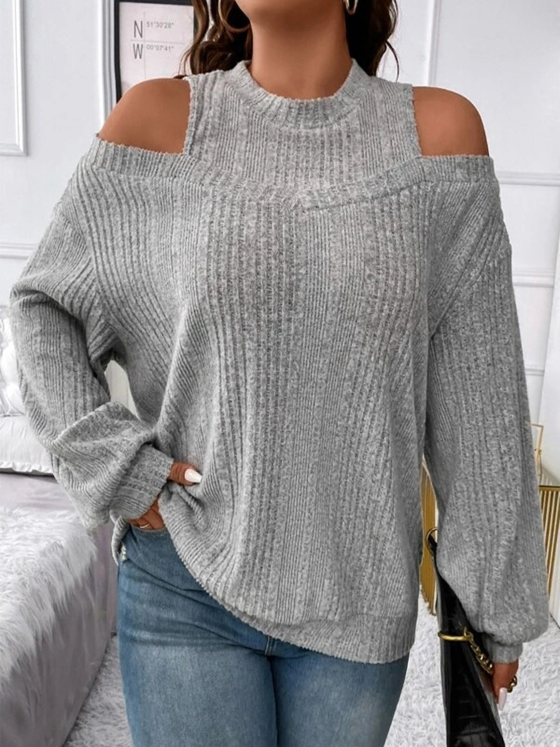 Round Neck Cold Shoulder Sweater - The Boutie Shop