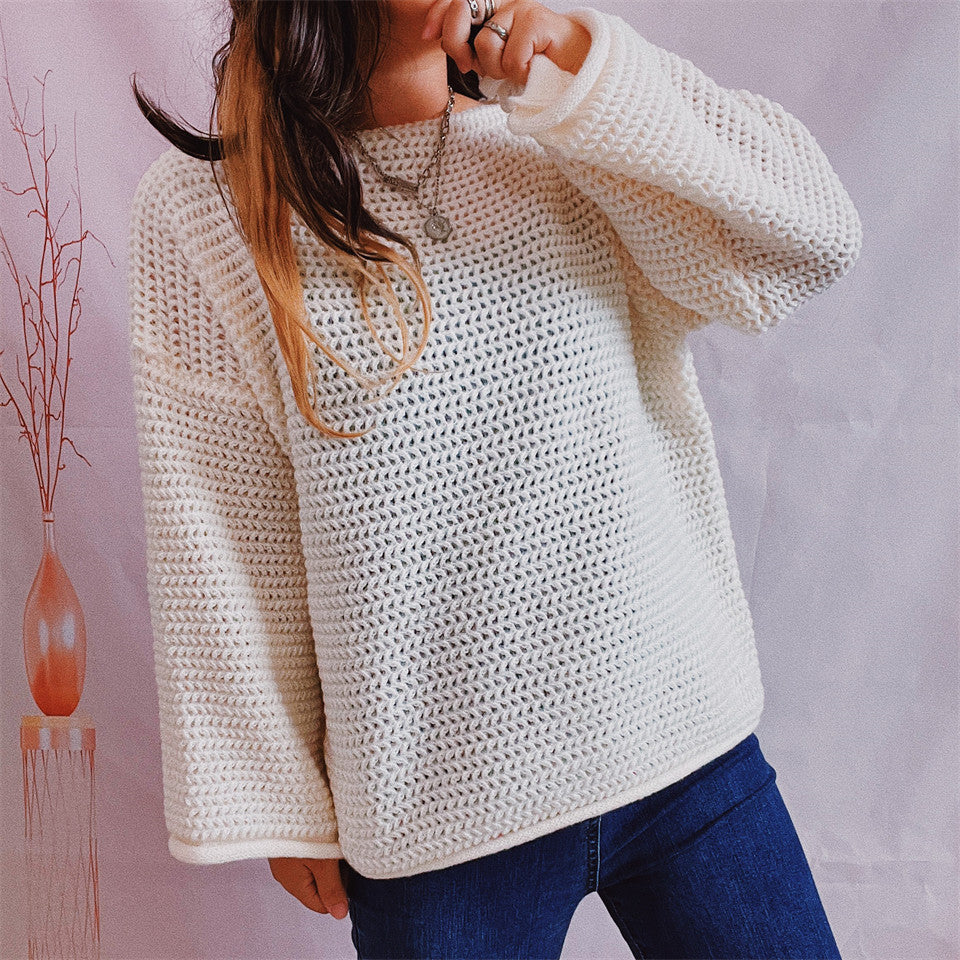 Openwork Boat Neck Long Sleeve Sweater - The Boutie Shop