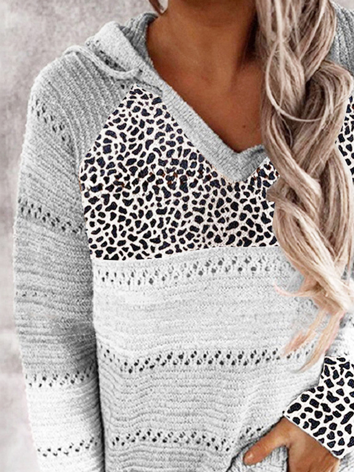 Full Size Openwork Leopard Drawstring Hooded Sweater - The Boutie Shop