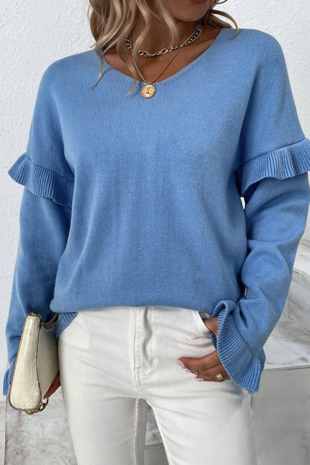 V-Neck Ruffle Trim Long Sleeve Sweater - The Boutie Shop