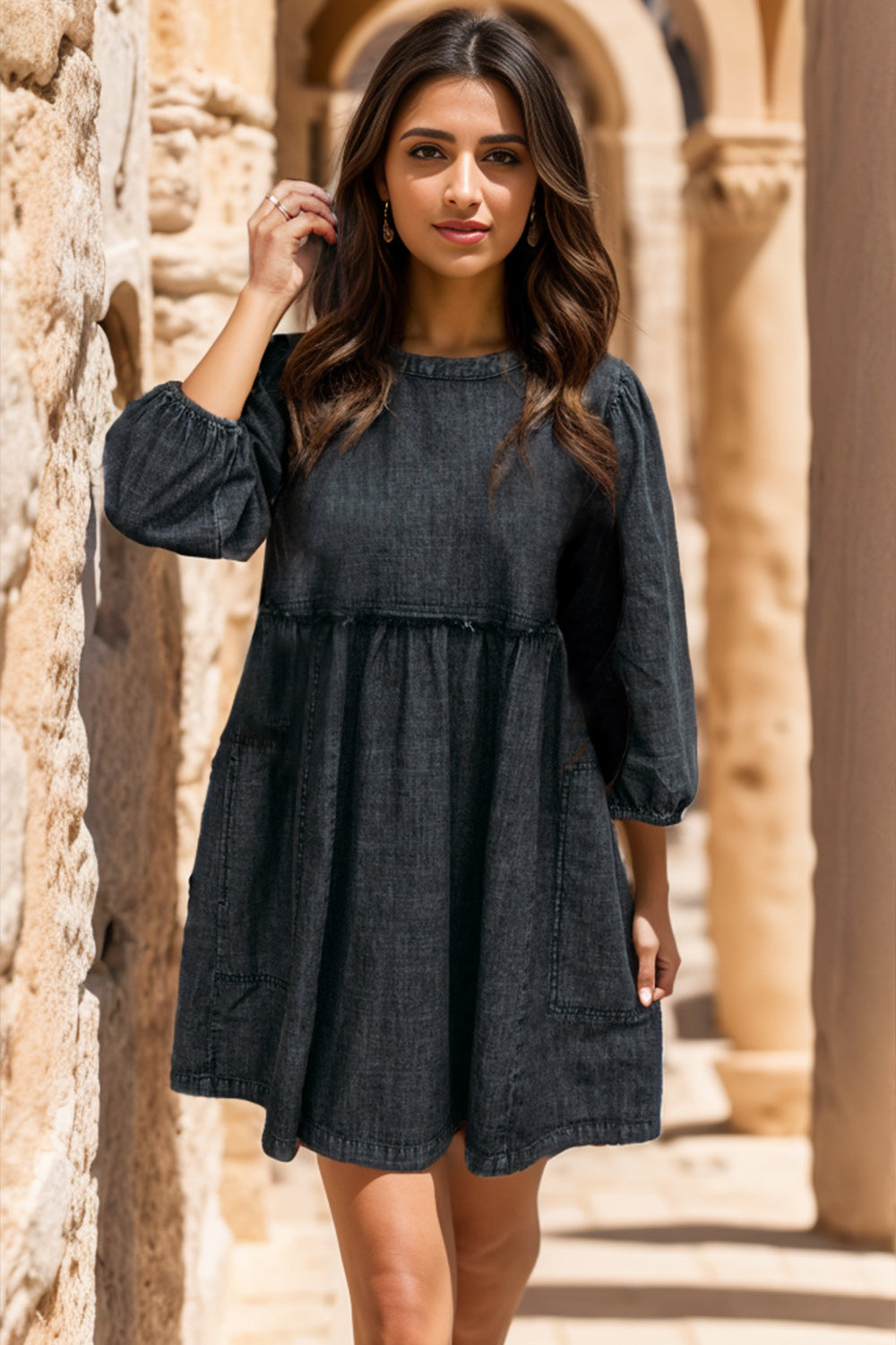 Round Neck Balloon Sleeve Mini Denim Dress - The Boutie Shop