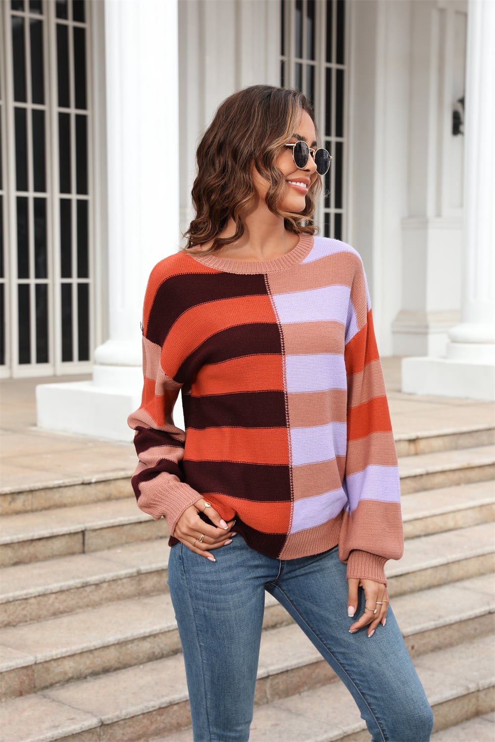 Angel Wings Round Neck Long Sleeve Color Block Dropped Shoulder Pullover Sweater - The Boutie Shop