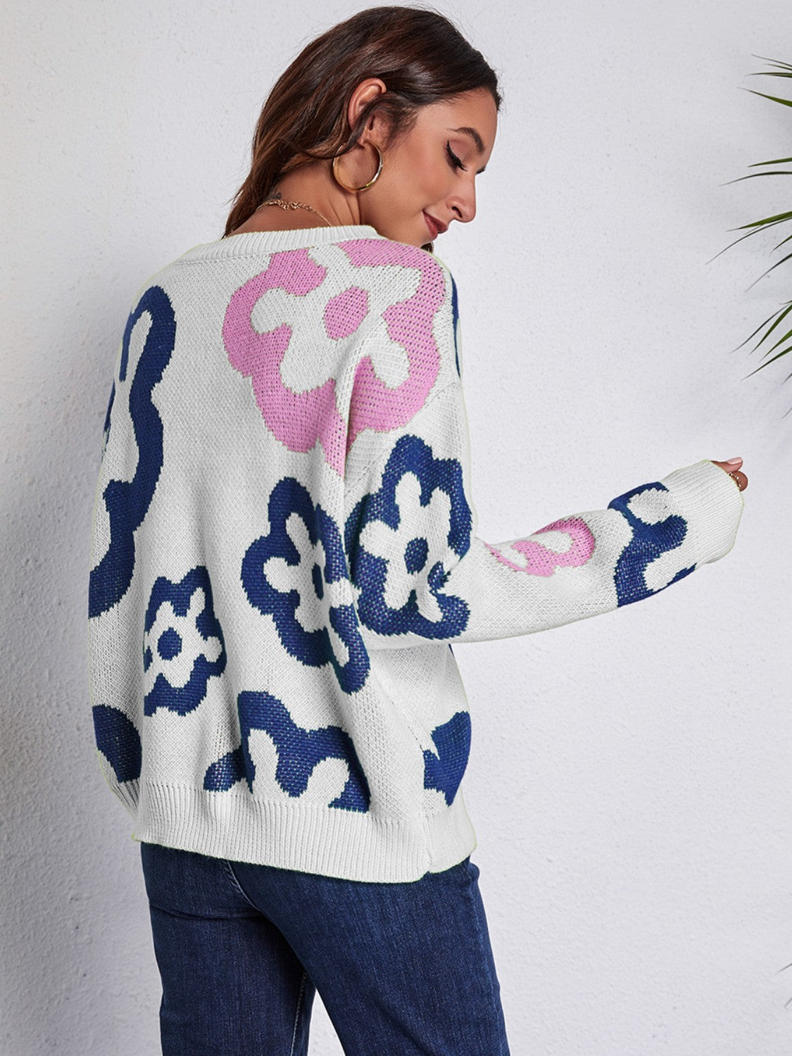 Flower Pattern Round Neck Long Sleeve Sweater - The Boutie Shop