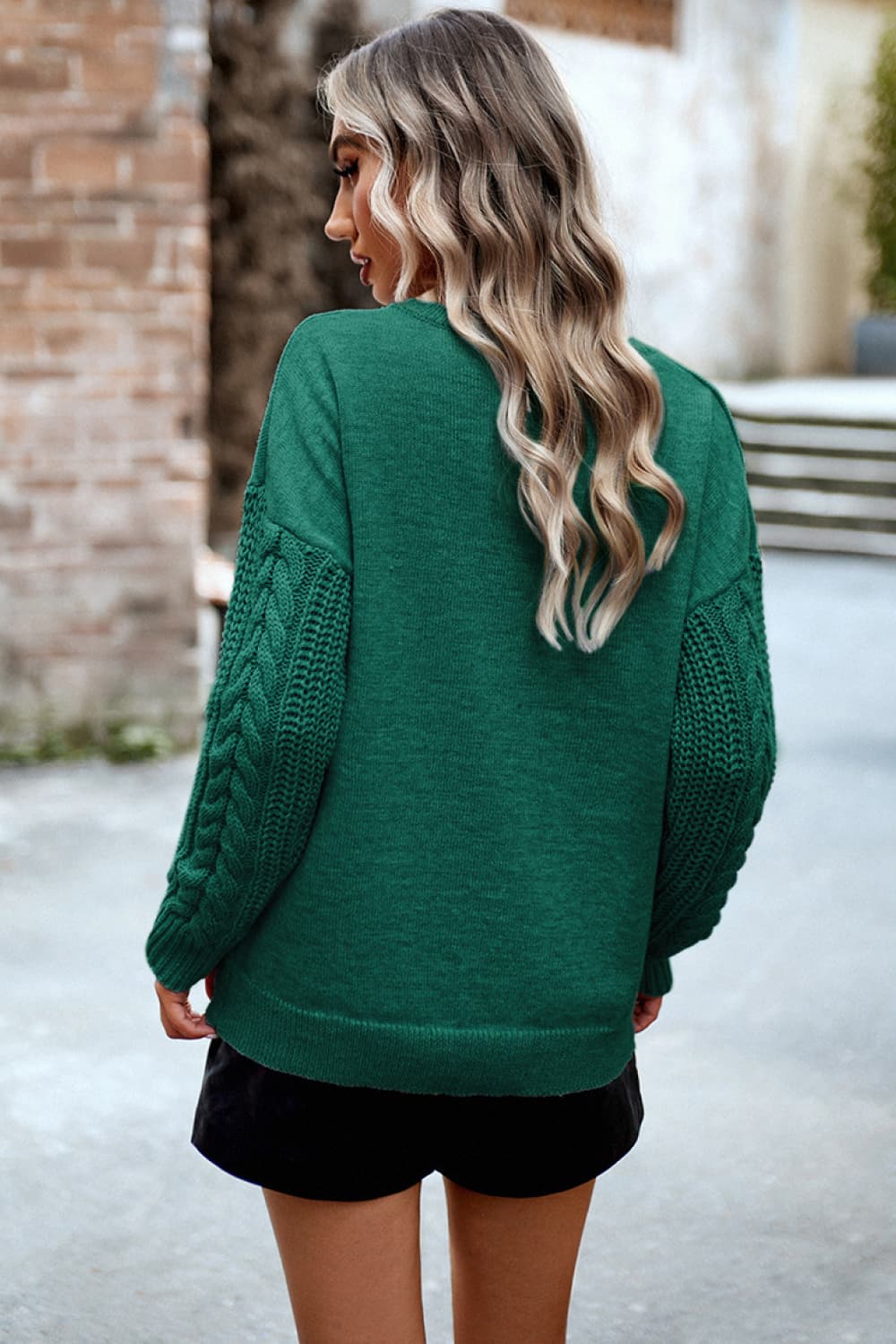 Devine Cable-Knit Round Neck Drop Shoulder Sweater - The Boutie Shop