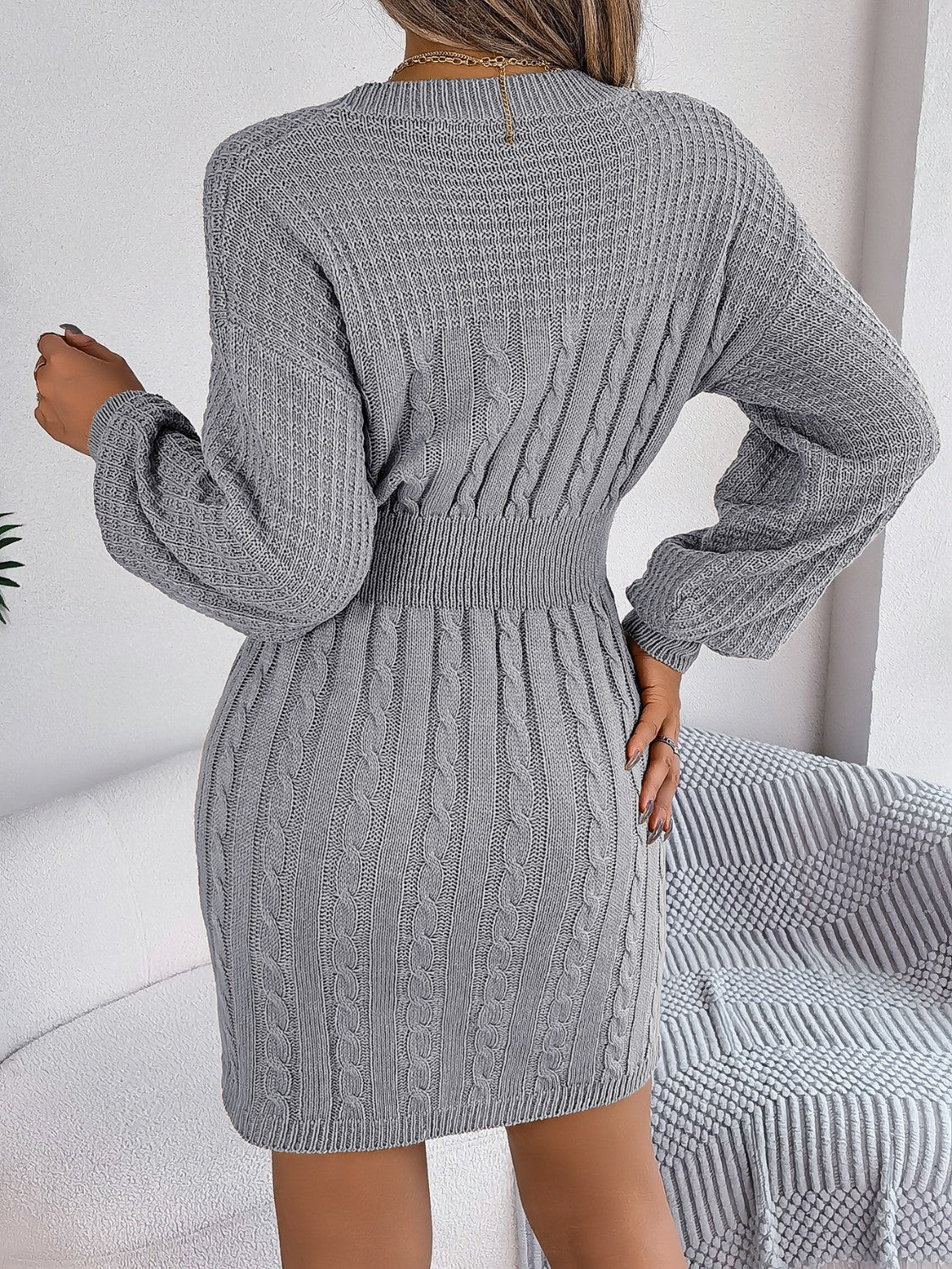 Cable-Knit Cutout Round Neck Slit Sweater Dress - The Boutie Shop