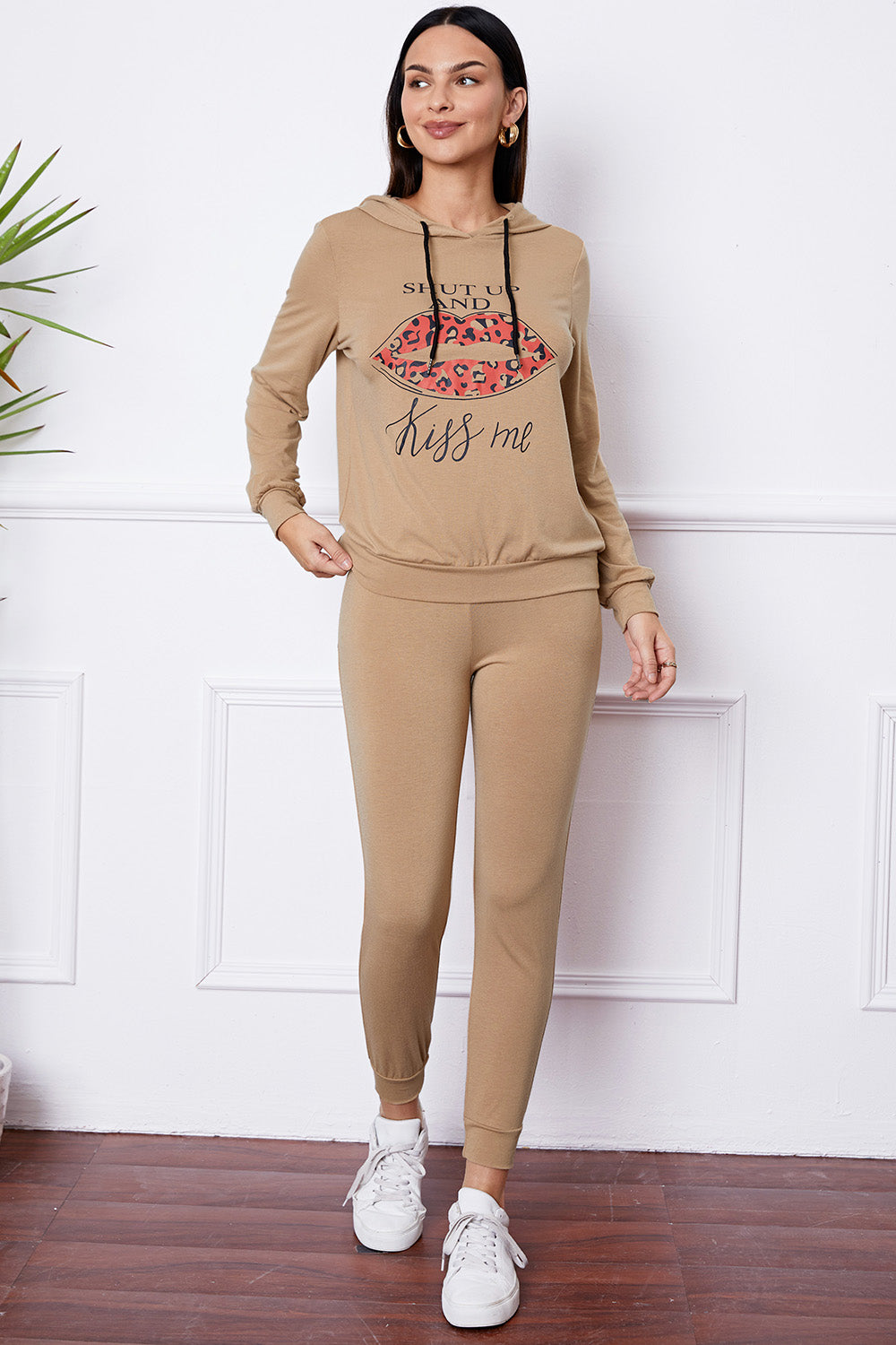 SHUT UP AND KISS ME Lip Graphic Hooded Top and Drawstring Pants Set - The Boutie Shop