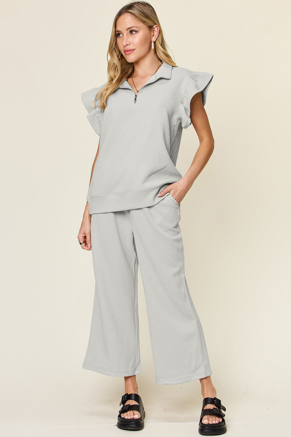 Double Take Texture Ruffle Short Sleeve Top and Drawstring Wide Leg Pants Set - The Boutie Shop