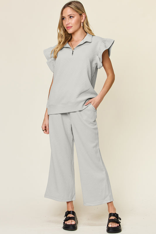 Double Take Texture Ruffle Short Sleeve Top and Drawstring Wide Leg Pants Set - The Boutie Shop