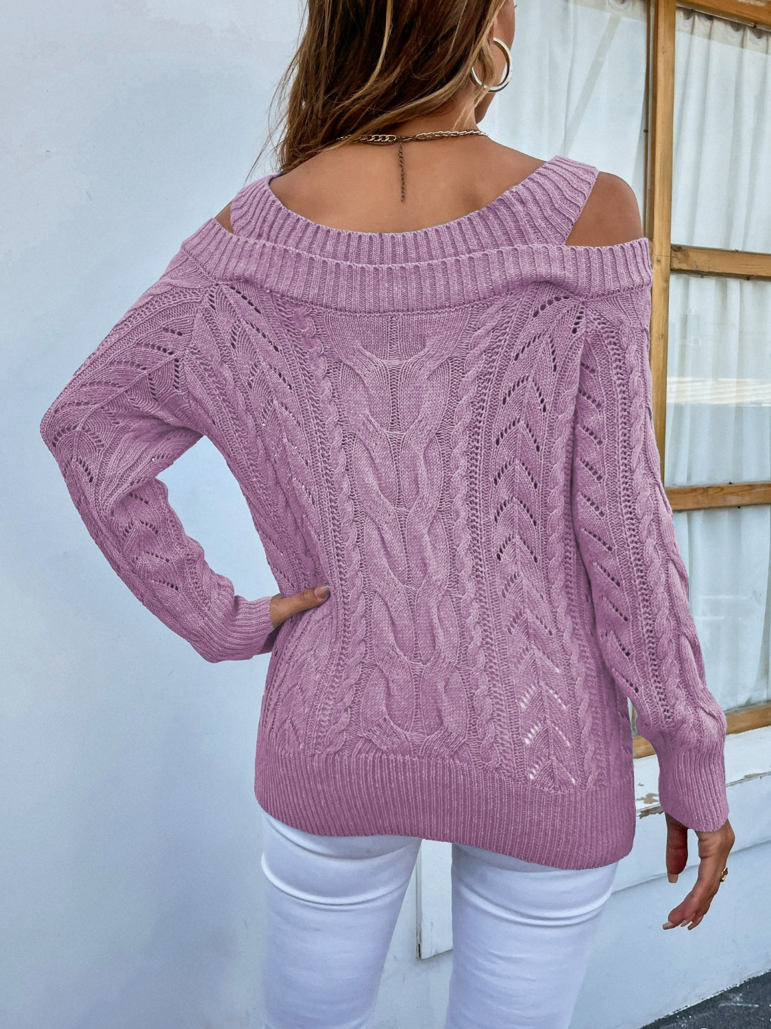 Cable-Knit Openwork Sweetheart Neck Sweater - The Boutie Shop