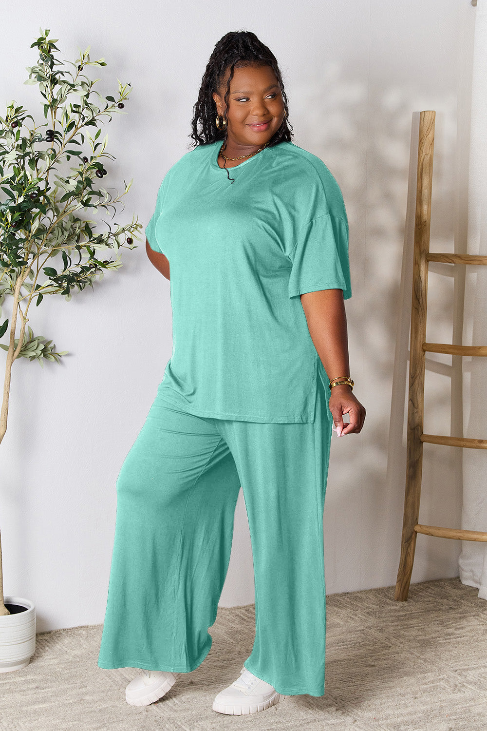 Double Take Full Size Round Neck Slit Top and Pants Set - The Boutie Shop