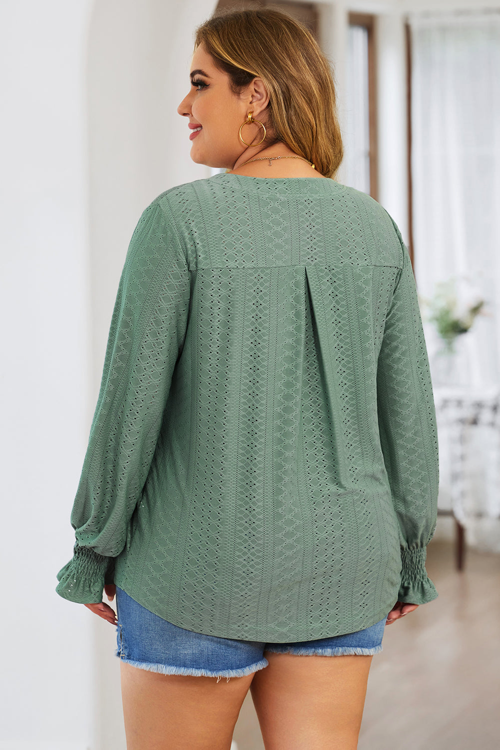 Plus Size Eyelet Notched Flounce Sleeve Blouse - The Boutie Shop