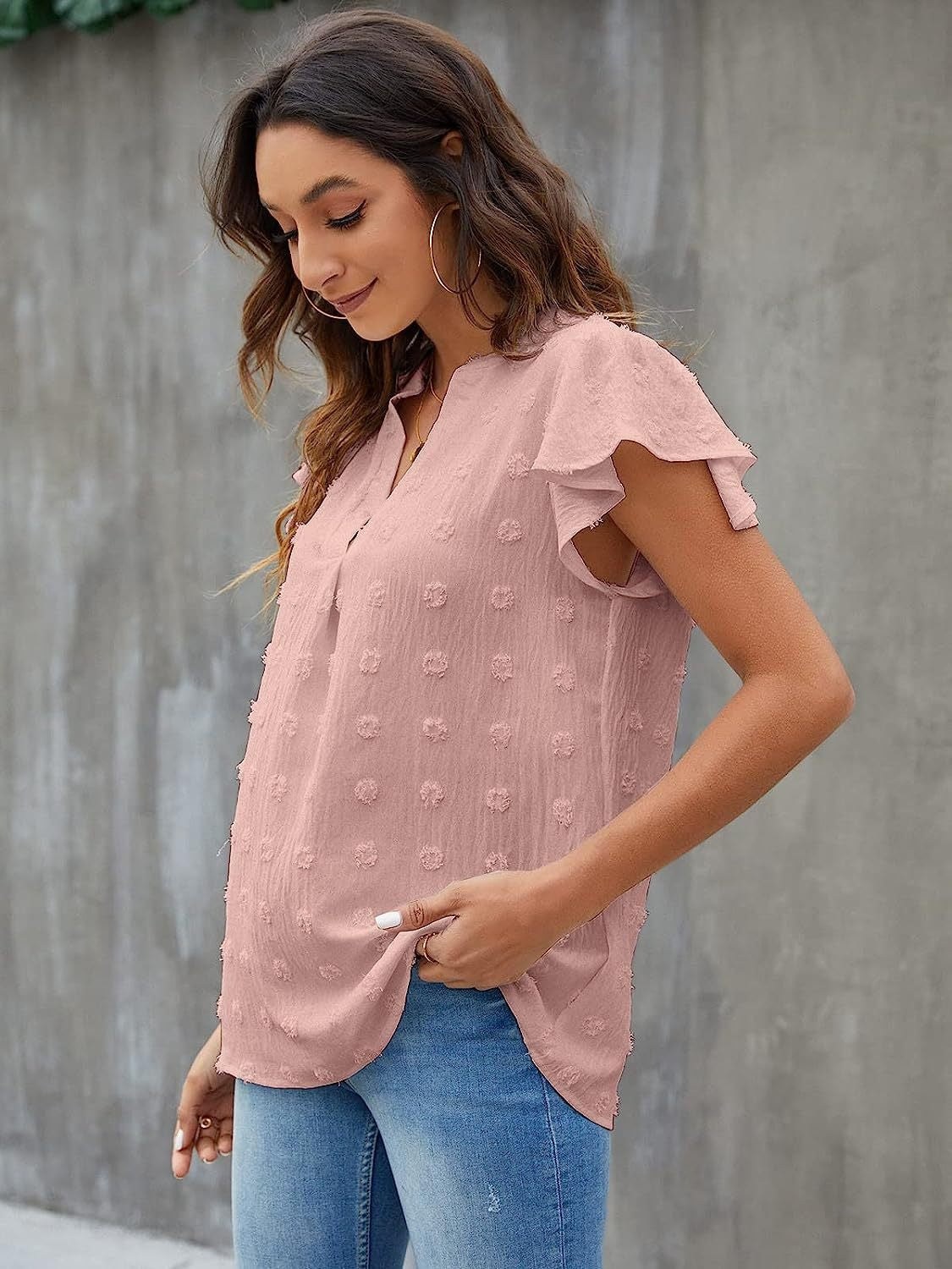 Swiss Dot Notched Cap Sleeve Blouse - The Boutie Shop