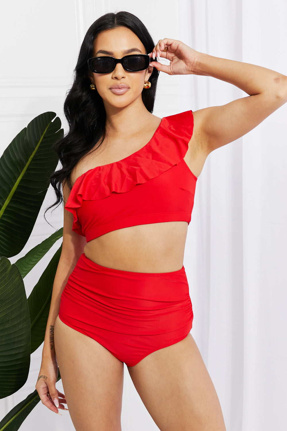 Marina West Swim Seaside Romance Ruffle One-Shoulder Bikini in Red - The Boutie Shop