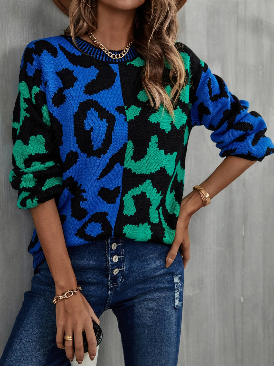 Angel Wings Leopard Round Neck Long Sleeve Sweater - The Boutie Shop