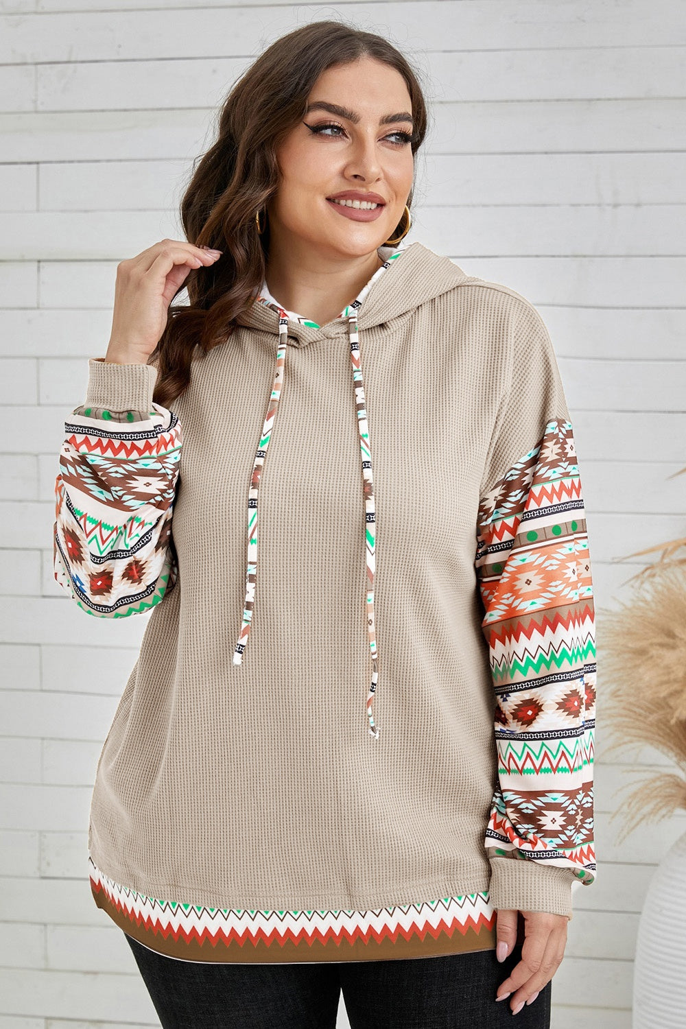 Plus Size Waffle-Knit Geometric Dropped Shoulder Hoodie - The Boutie Shop