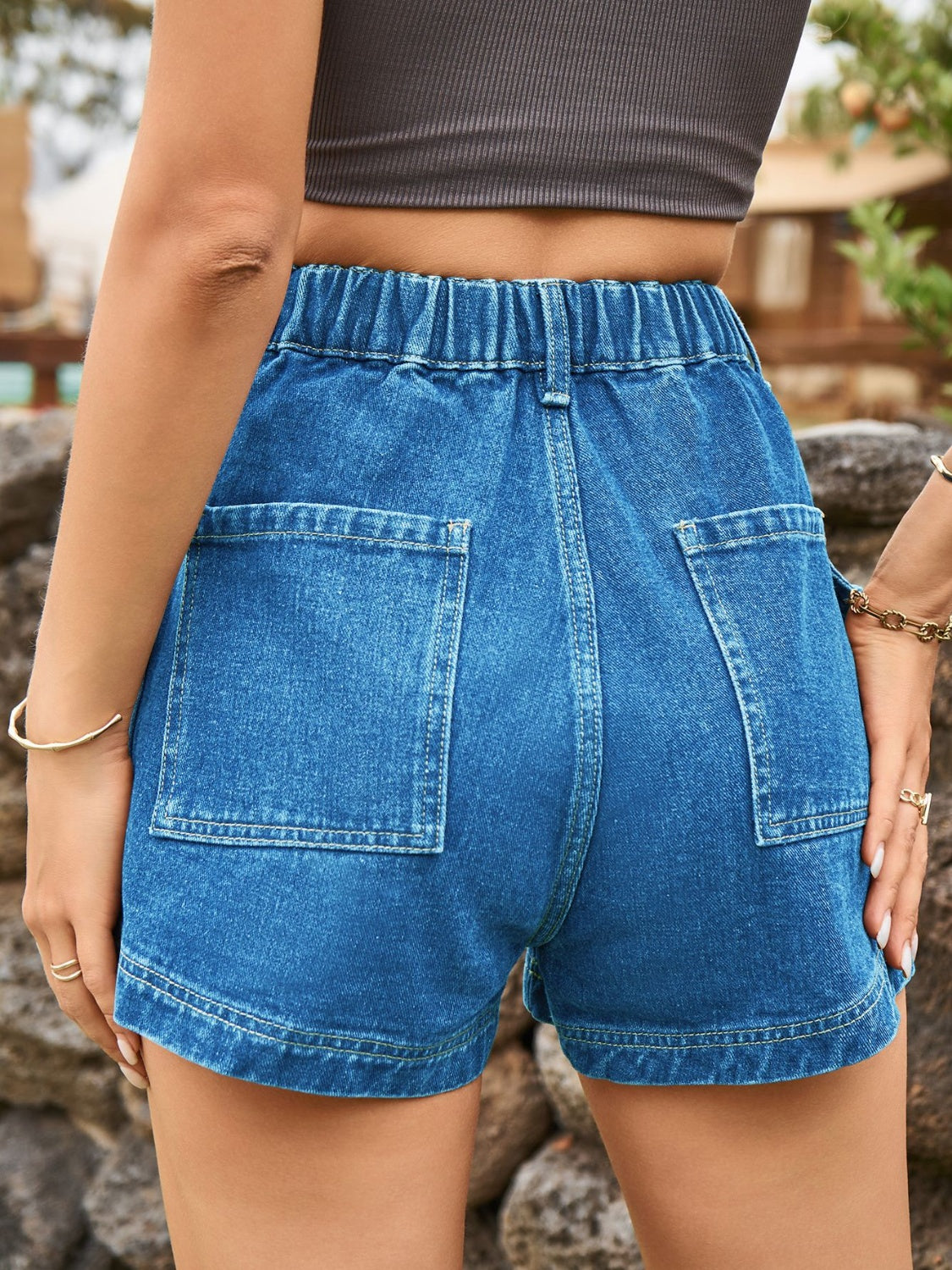 High Waist Denim Shorts with Pockets - The Boutie Shop