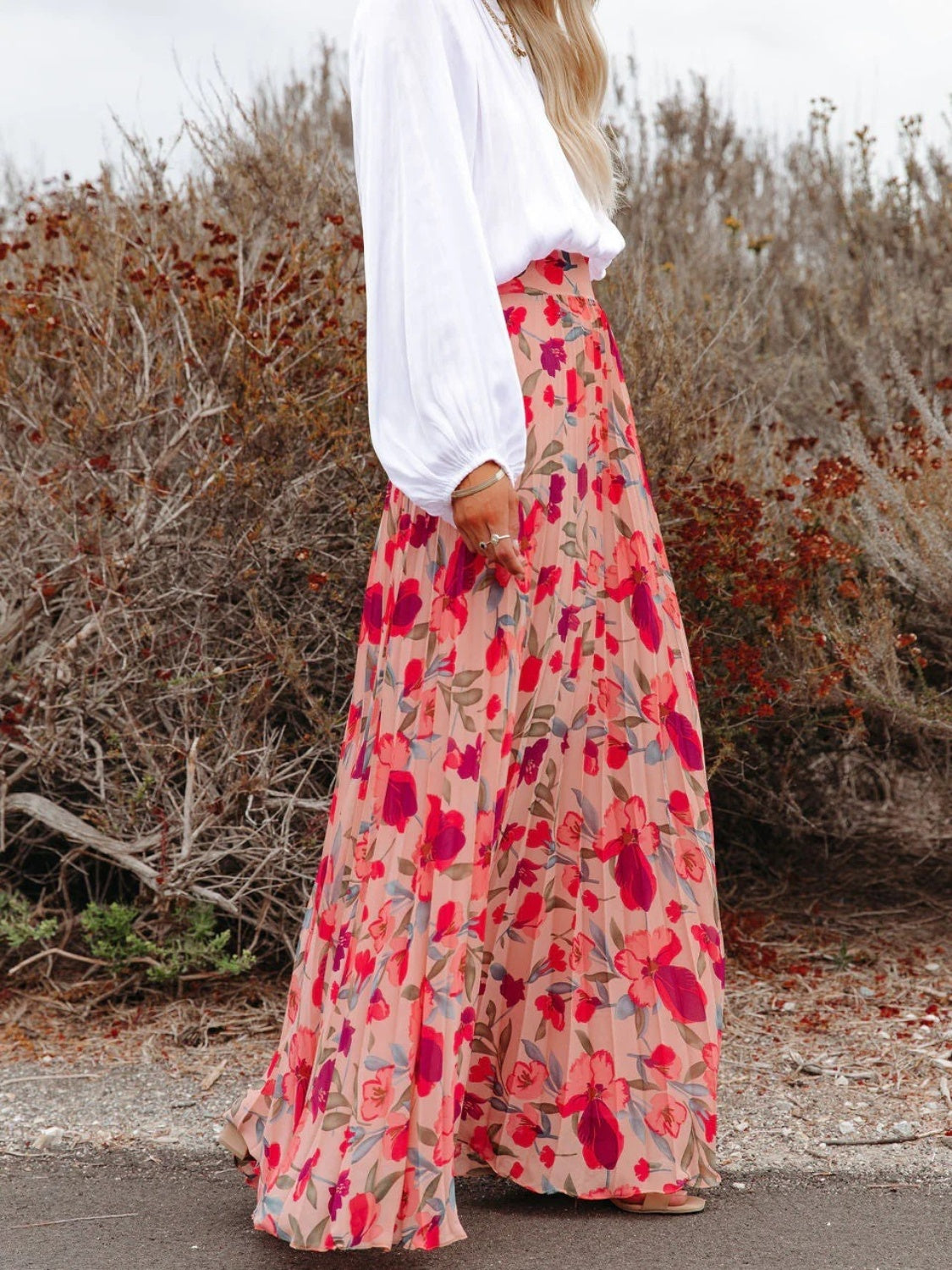 Printed Elastic Waist Pleated Maxi Skirt - The Boutie Shop