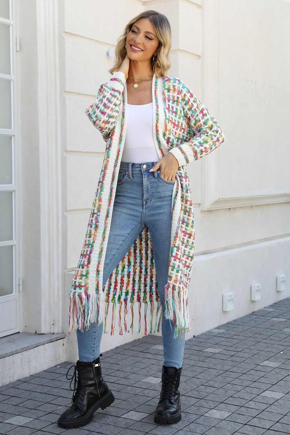 Angel Wings Full Size Multicolored Open Front Fringe Hem Cardigan - The Boutie Shop