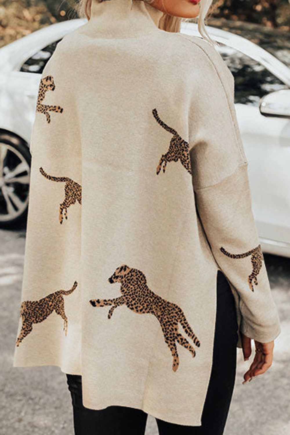 Animal Pattern Mock Neck Long Sleeve Slit Sweater - The Boutie Shop