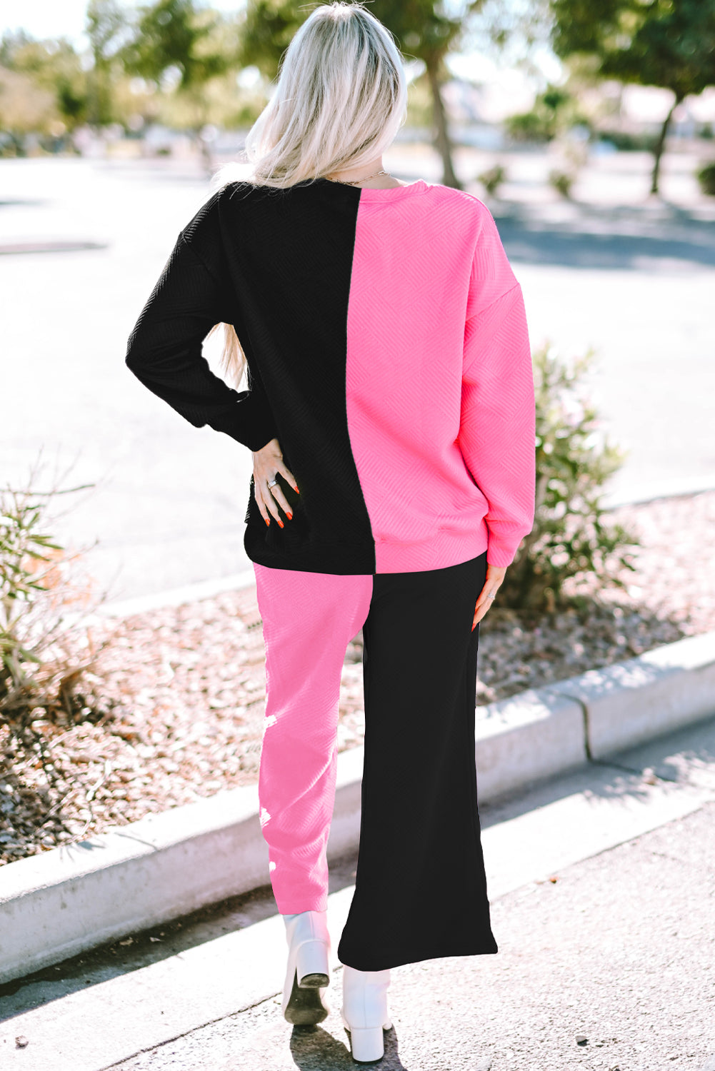 Color Block Round Neck Sweatshirt and Pants Set - The Boutie Shop