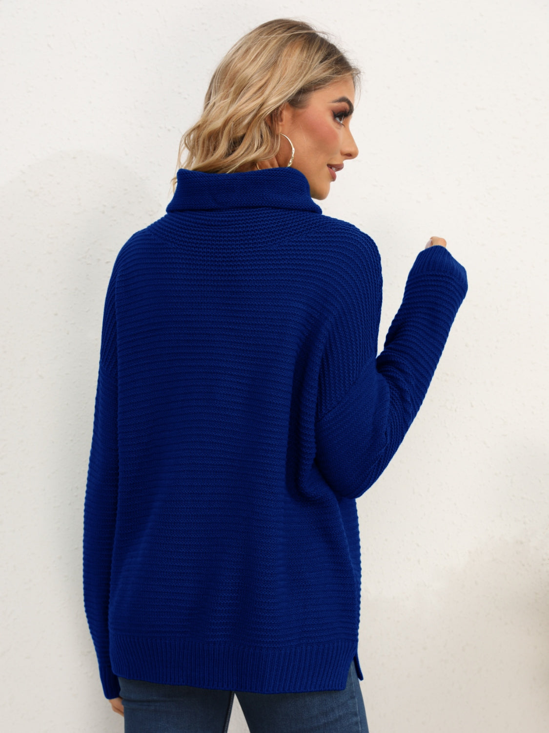 Slit Turtleneck Dropped Shoulder Sweater - The Boutie Shop