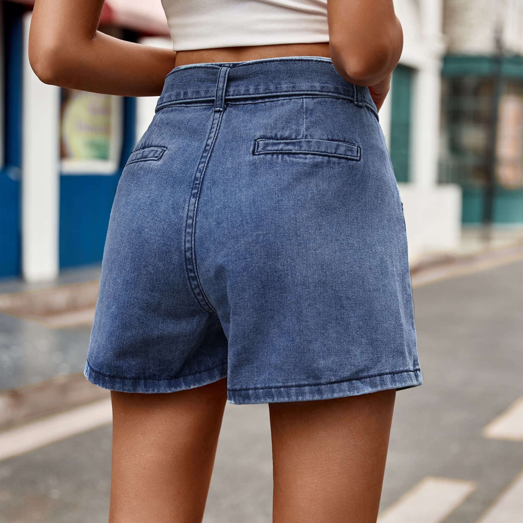 Tie Belt Denim Shorts with Pockets - The Boutie Shop