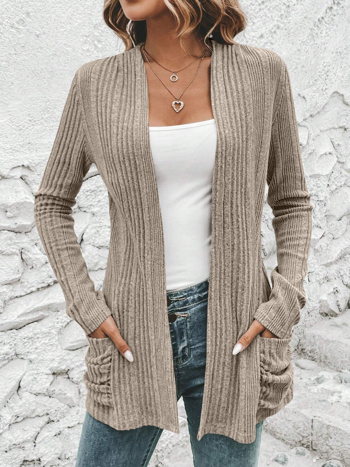 Ribbed Open Front Cardigan with Pockets - The Boutie Shop