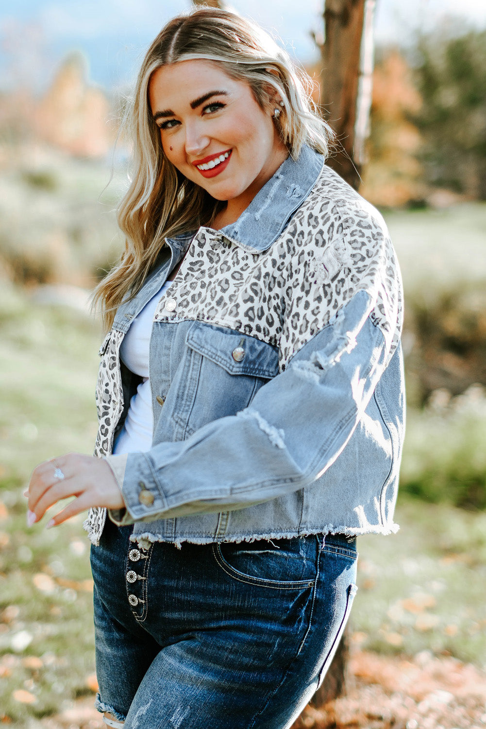 Plus Size Leopard Raw Hem Distressed Spliced Denim Jacket - The Boutie Shop