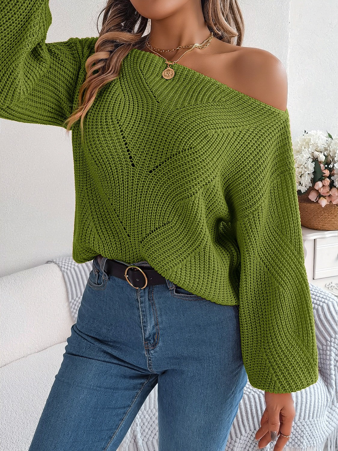 Openwork Long Sleeve Sweater - The Boutie Shop