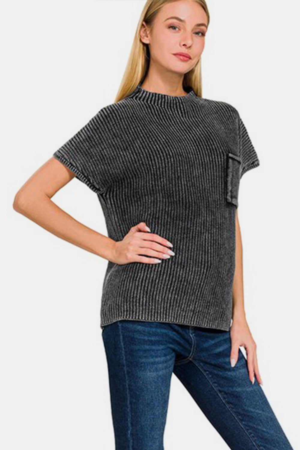 Zenana Pocketed Mock Neck Short Sleeve Sweater - The Boutie Shop