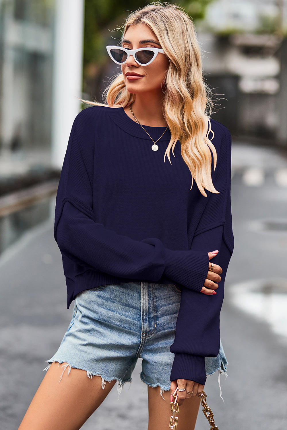 Round Neck Drop Shoulder Long Sleeve Sweater - The Boutie Shop