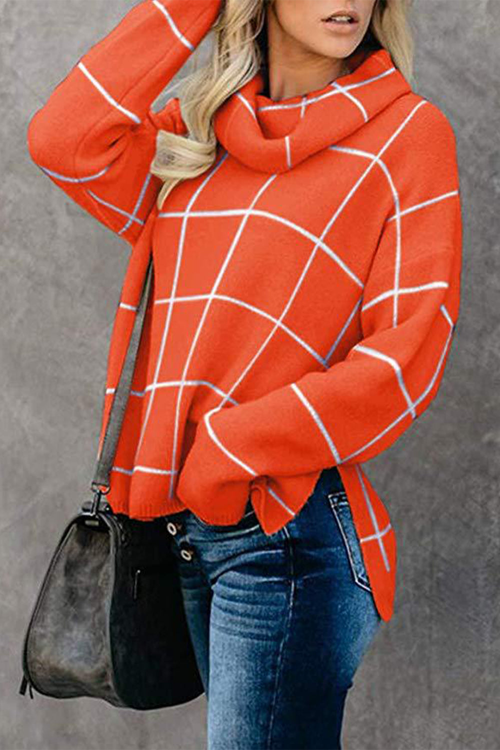 Angel Wings Plaid Turtleneck Drop Shoulder Sweater - The Boutie Shop