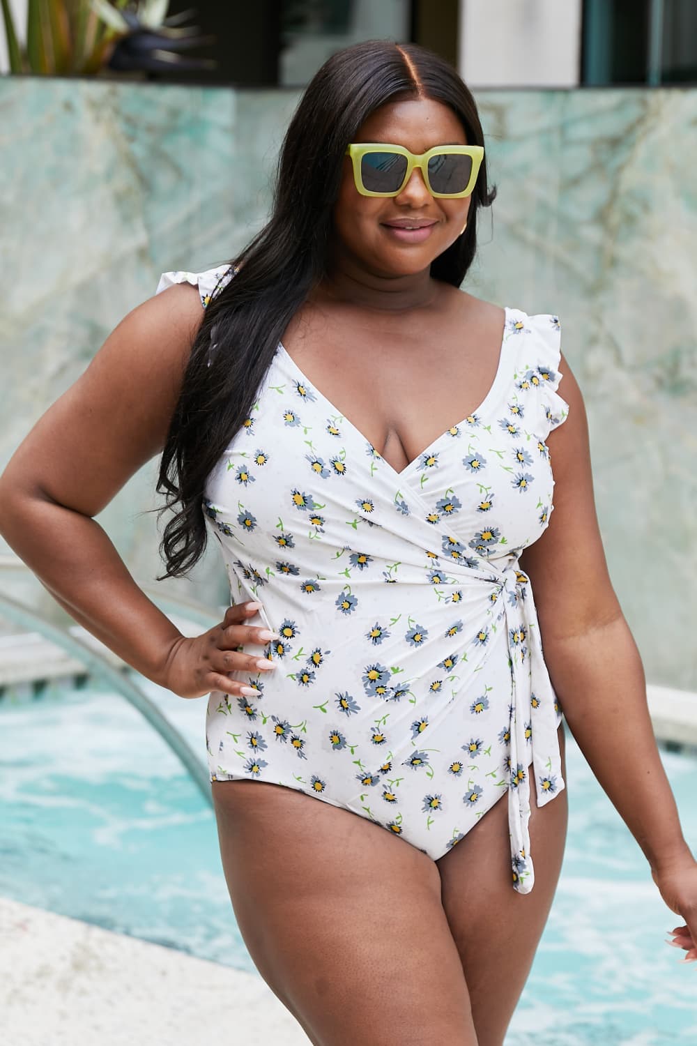 Marina West Swim Float On Ruffle Faux Wrap One-Piece in Daisy Cream - The Boutie Shop