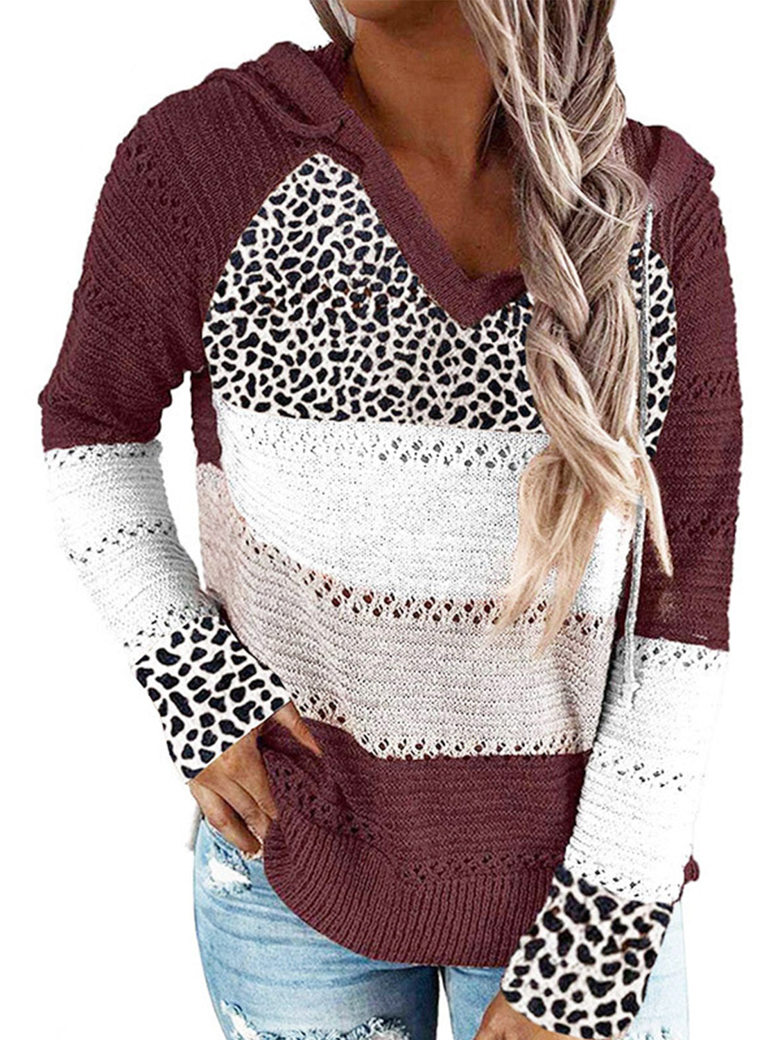 Full Size Openwork Leopard Drawstring Hooded Sweater - The Boutie Shop