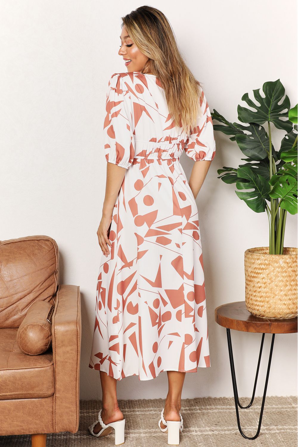 Printed Surplice Balloon Sleeve Dress - The Boutie Shop