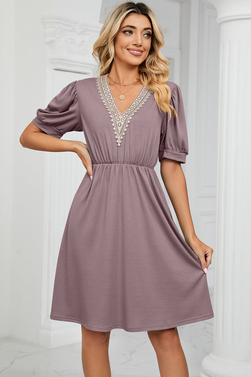 V-Neck Puff Sleeve Dress - The Boutie Shop