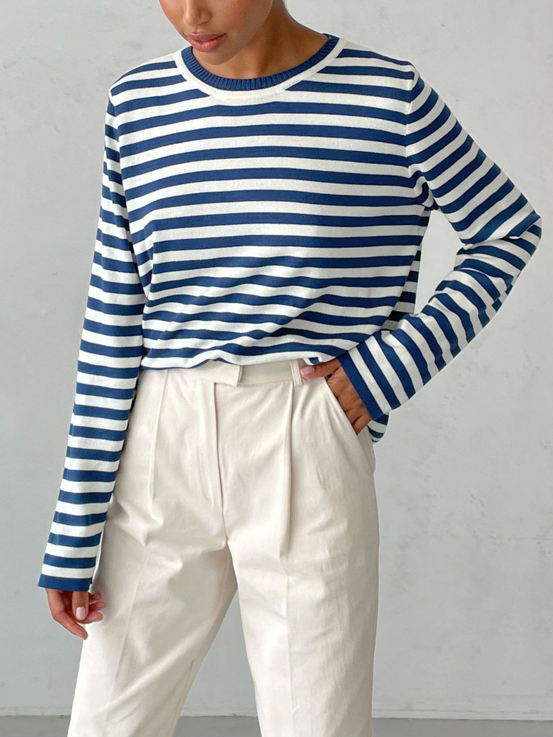 Striped Round Neck Long Sleeve Sweater - The Boutie Shop