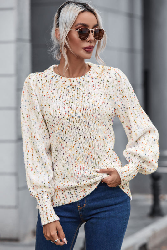 Heathered Round Neck Lantern Sleeve Sweater - The Boutie Shop