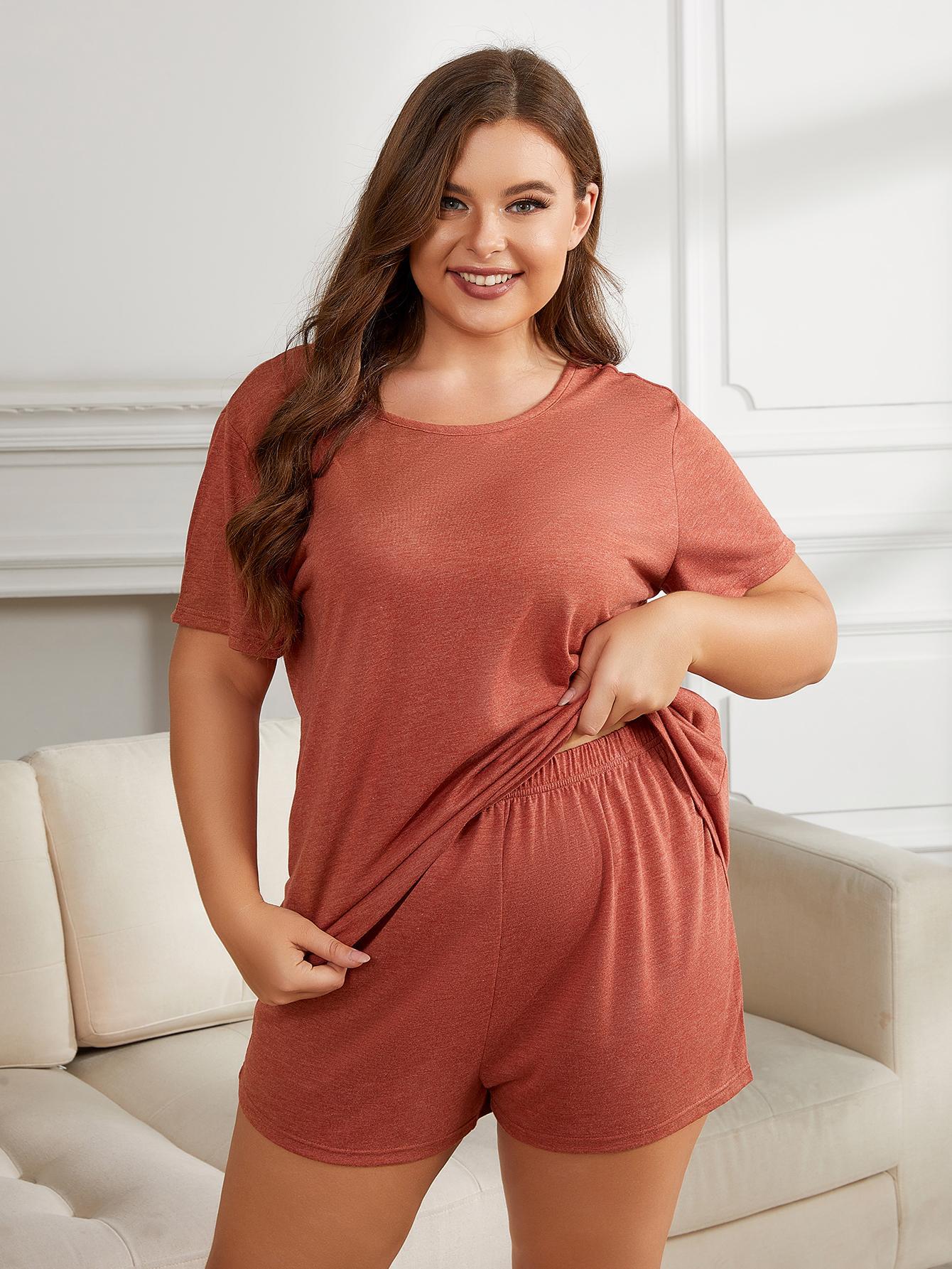 Plus Size Round Neck Short Sleeve Two-Piece Loungewear Set - The Boutie Shop